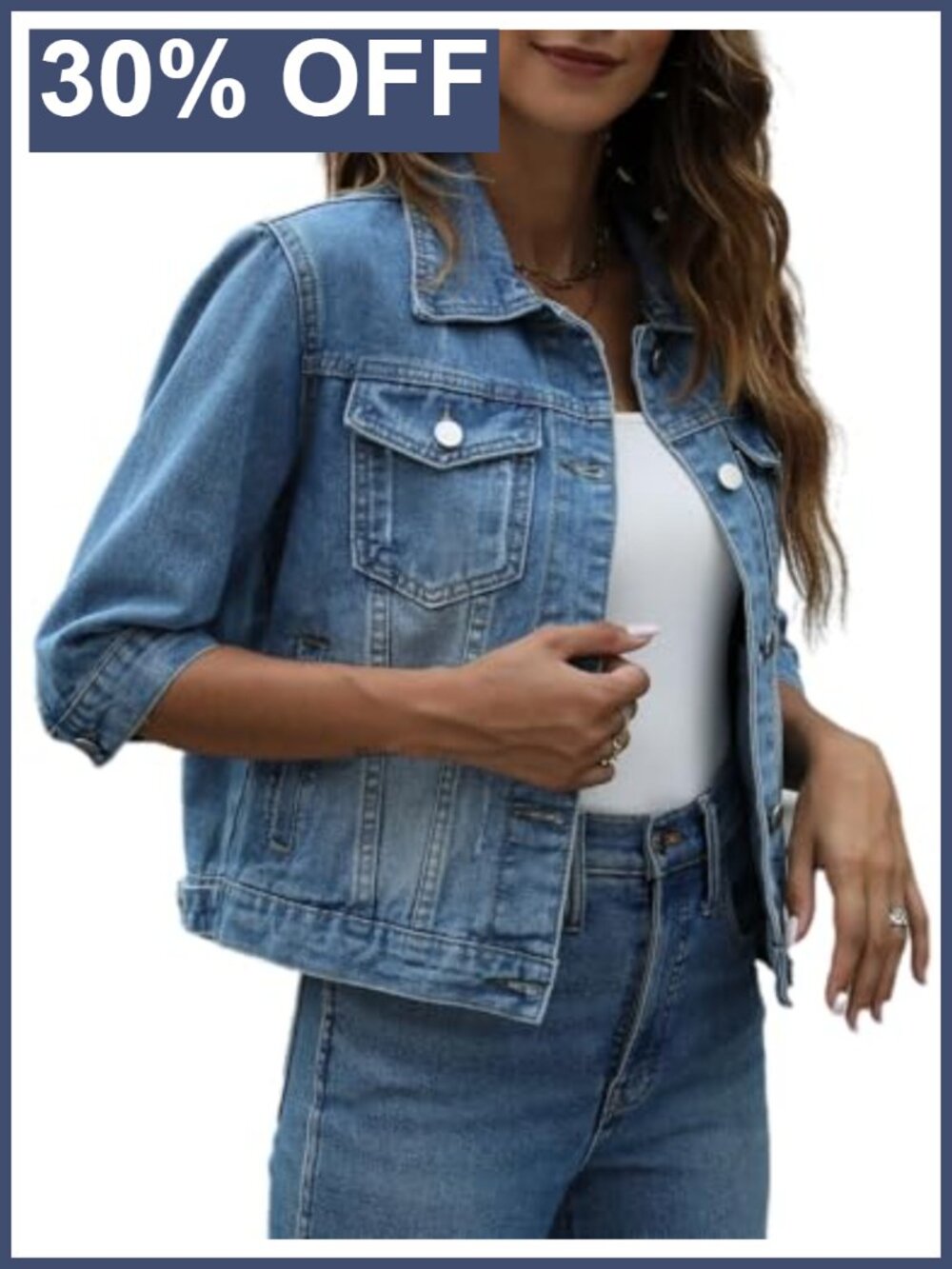 Women's 3/4 Sleeve Cropped Denim Jacket Button Down Trucker Jean Coat